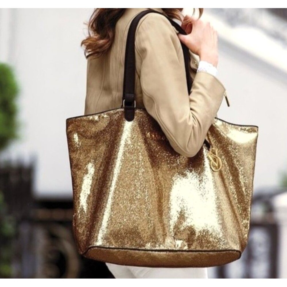 Victoria’s Secret Large Tote Bag Gold Glitter Everyday Overnight Bag Weekender